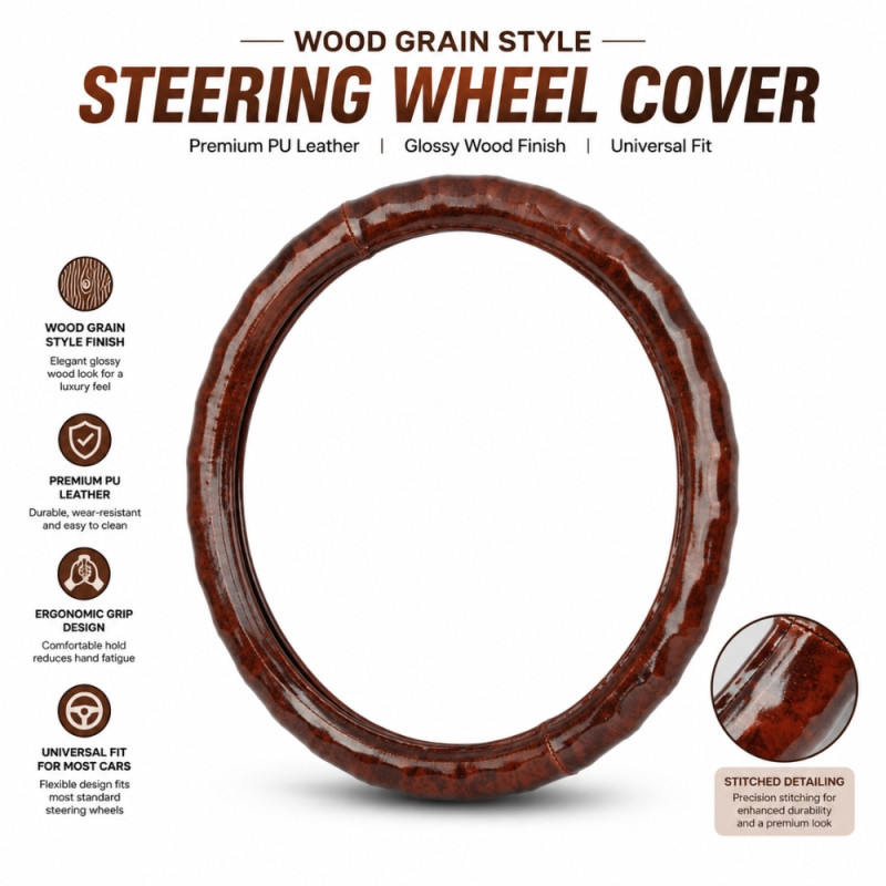 Universal-Fit Brown Wood-Grain Style Steering Wheel Cover Designed for Comfort and Control – Wooden