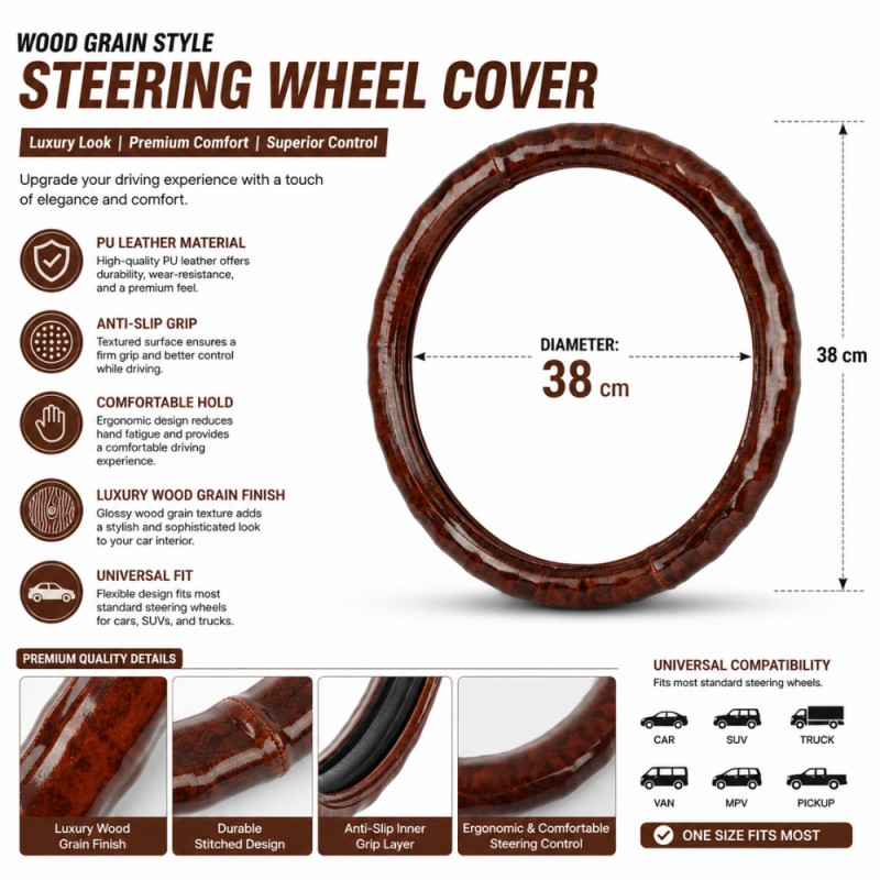 Universal-Fit Brown Wood-Grain Style Steering Wheel Cover Designed for Comfort and Control – Wooden