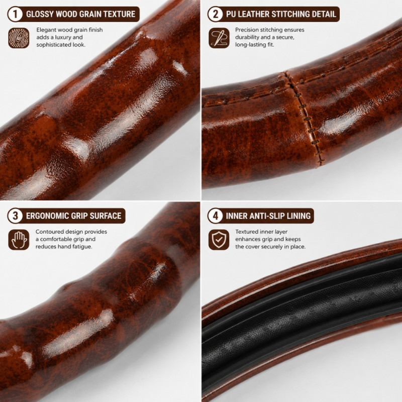 Universal-Fit Brown Wood-Grain Style Steering Wheel Cover Designed for Comfort and Control – Wooden