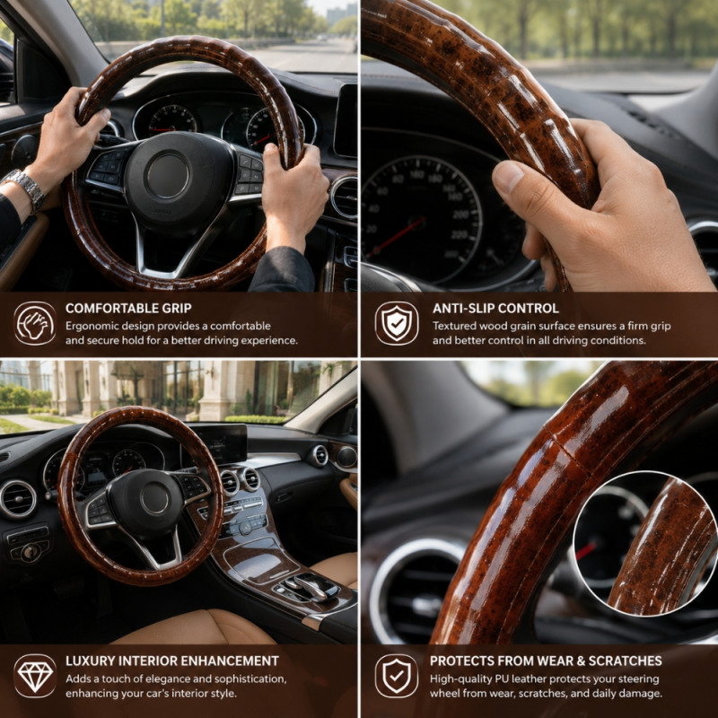 Universal-Fit Brown Wood-Grain Style Steering Wheel Cover Designed for Comfort and Control – Wooden