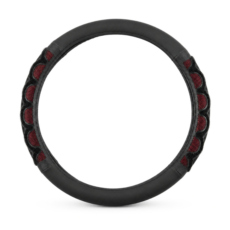 Universal-Fit Black Silicone Steering Wheel Cover with Red Accents and Breathable Honeycomb Texture