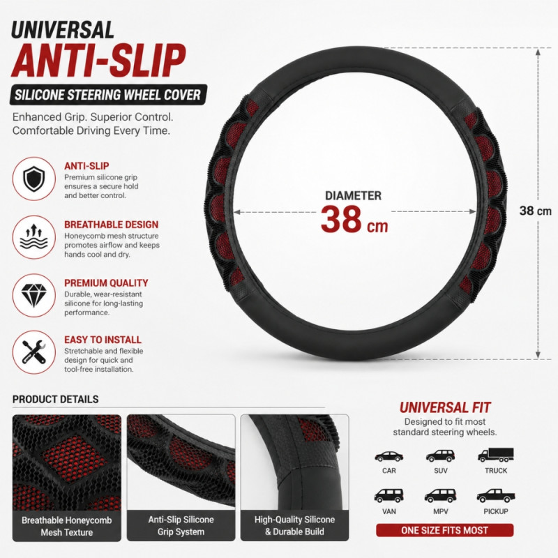 Universal-Fit Black Silicone Steering Wheel Cover with Red Accents and Breathable Honeycomb Texture