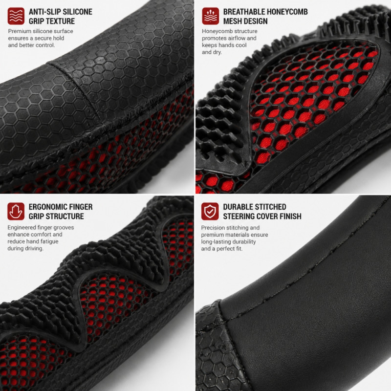Universal-Fit Black Silicone Steering Wheel Cover with Red Accents and Breathable Honeycomb Texture