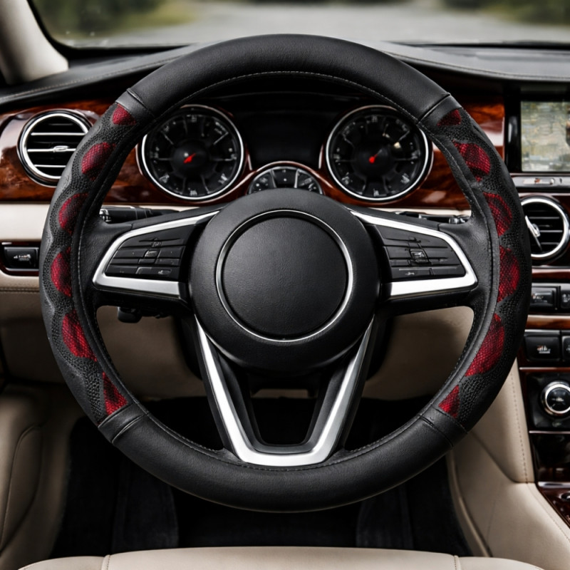 Universal-Fit Black Silicone Steering Wheel Cover with Red Accents and Breathable Honeycomb Texture