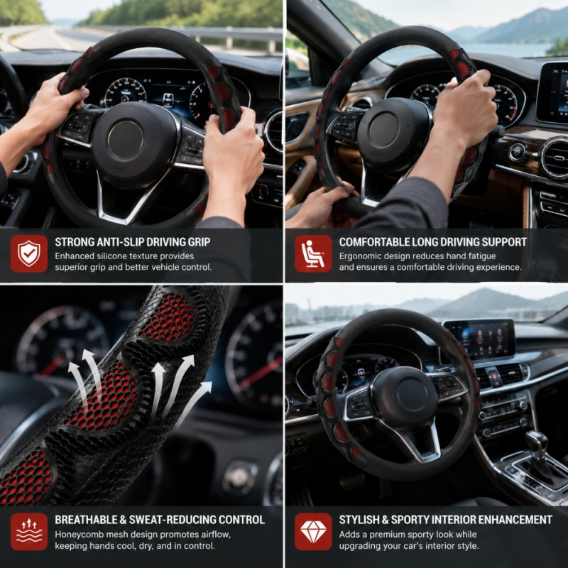 Universal-Fit Black Silicone Steering Wheel Cover with Red Accents and Breathable Honeycomb Texture