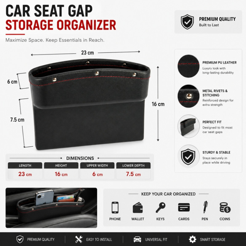 PU Leather Car Seat Gap Filler &amp; Organizer – Red Stitching – Black (23x16cm)