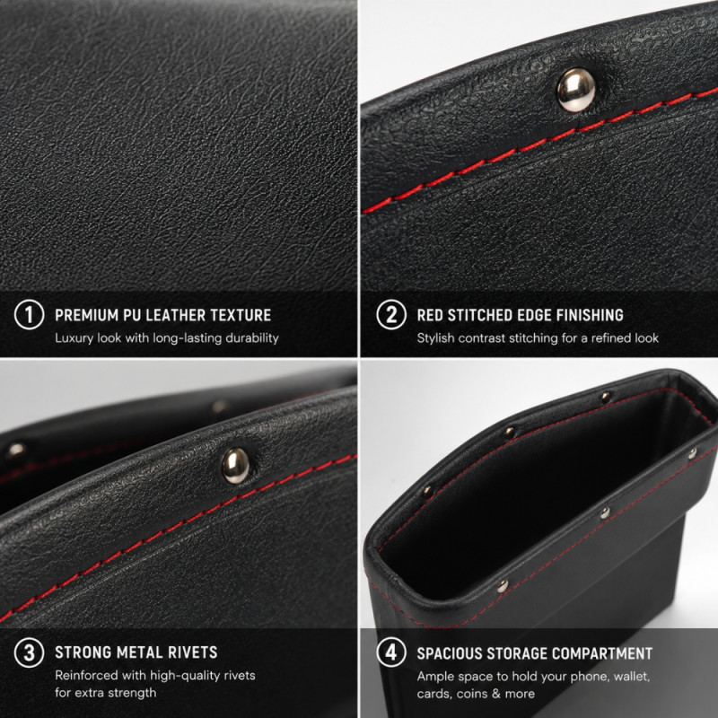 PU Leather Car Seat Gap Filler &amp; Organizer – Red Stitching – Black (23x16cm)