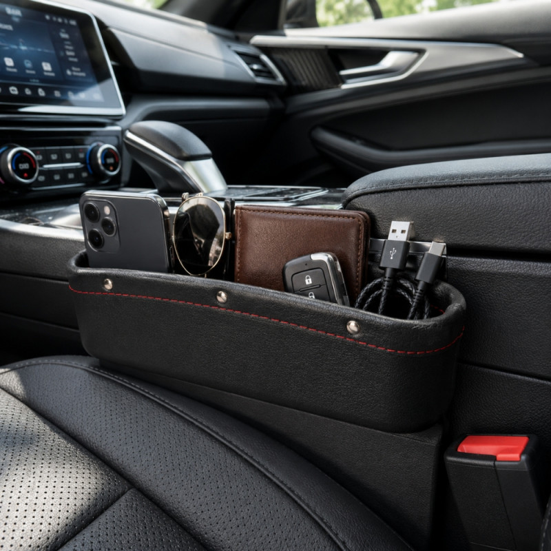 PU Leather Car Seat Gap Filler &amp; Organizer – Red Stitching – Black (23x16cm)