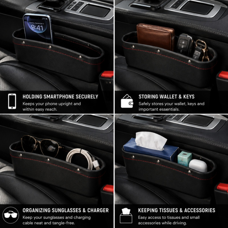 PU Leather Car Seat Gap Filler &amp; Organizer – Red Stitching – Black (23x16cm)