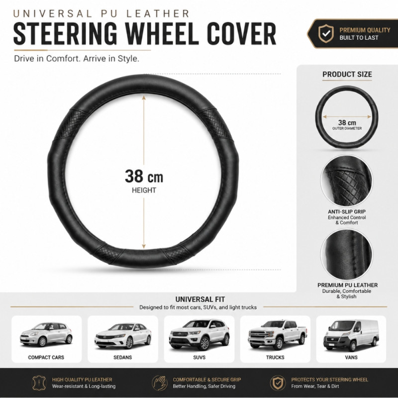 Universal-Fit Black PU Leather Steering Wheel Cover with Anti-Slip Grip