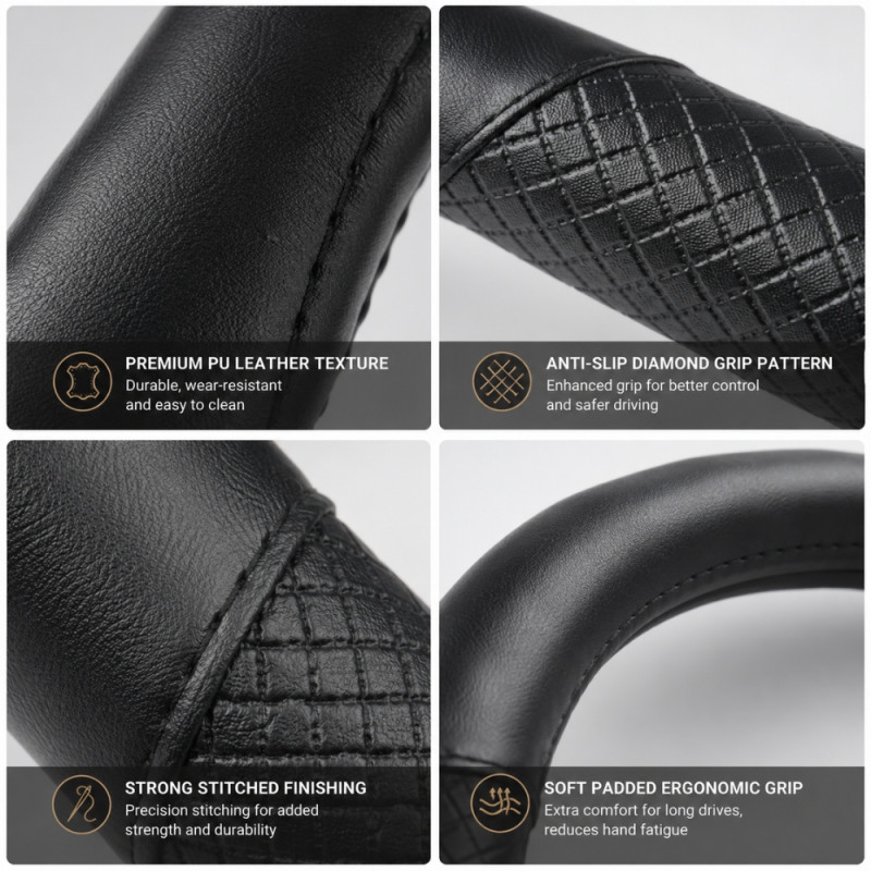 Universal-Fit Black PU Leather Steering Wheel Cover with Anti-Slip Grip