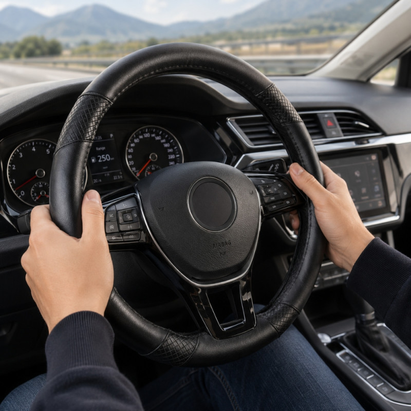 Universal-Fit Black PU Leather Steering Wheel Cover with Anti-Slip Grip