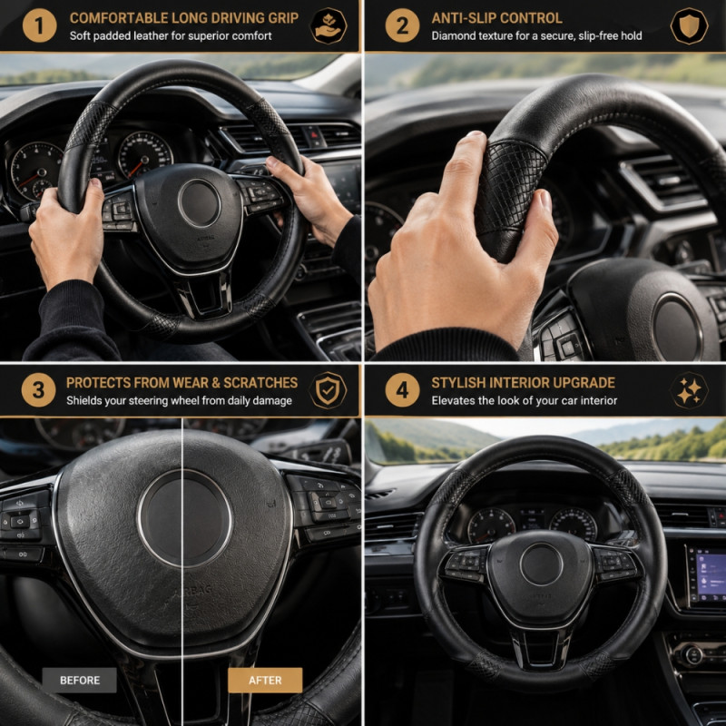 Universal-Fit Black PU Leather Steering Wheel Cover with Anti-Slip Grip