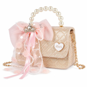 Professional Girls' Shiny Gold Sequin Mini Handbag – Pearl Handle & Tiara Accent (15cm)