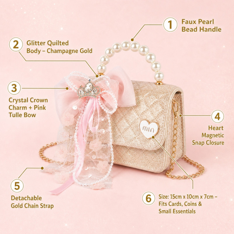 Professional Girls' Shiny Gold Sequin Mini Handbag – Pearl Handle &amp; Tiara Accent (15cm)
