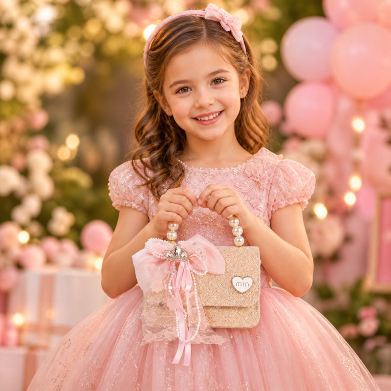 Professional Girls' Shiny Gold Sequin Mini Handbag – Pearl Handle &amp; Tiara Accent (15cm)