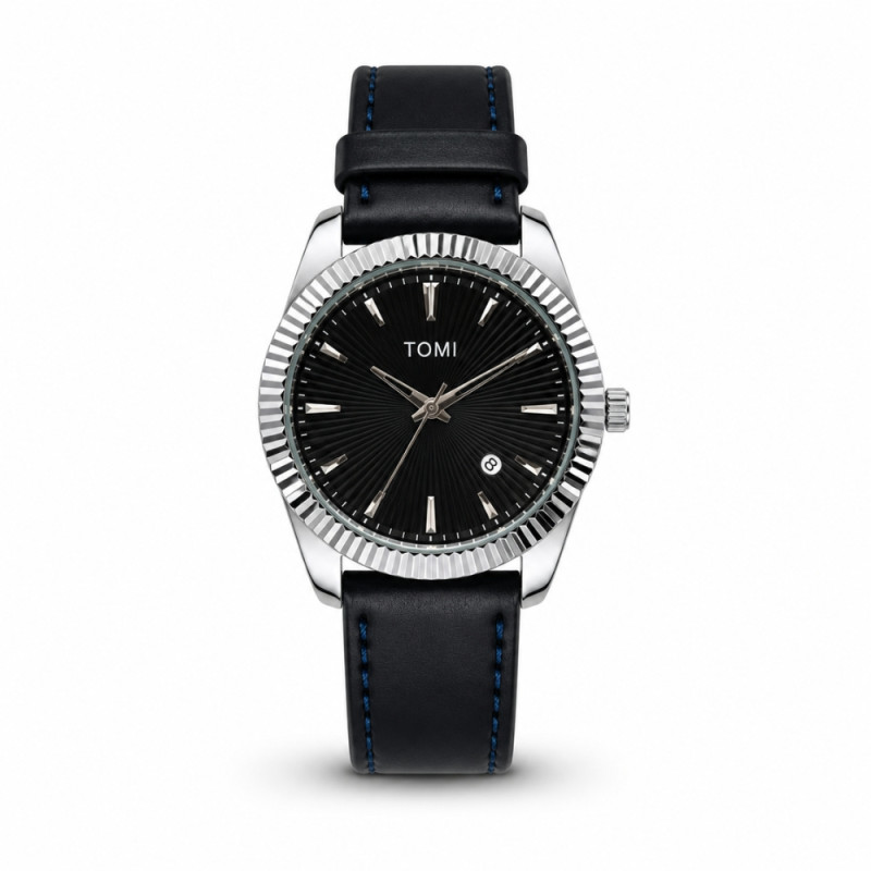 TOMI Classic Men’s Analog Watch – Black Leather &amp; Silver Dial (24x4cm)