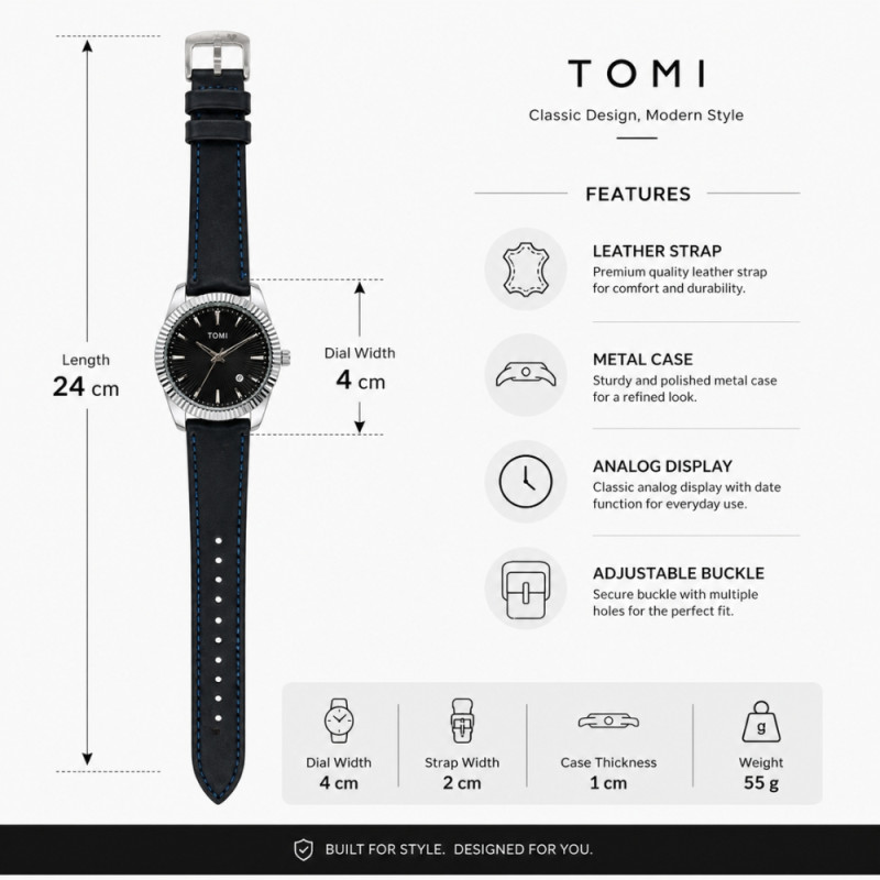 TOMI Classic Men’s Analog Watch – Black Leather &amp; Silver Dial (24x4cm)