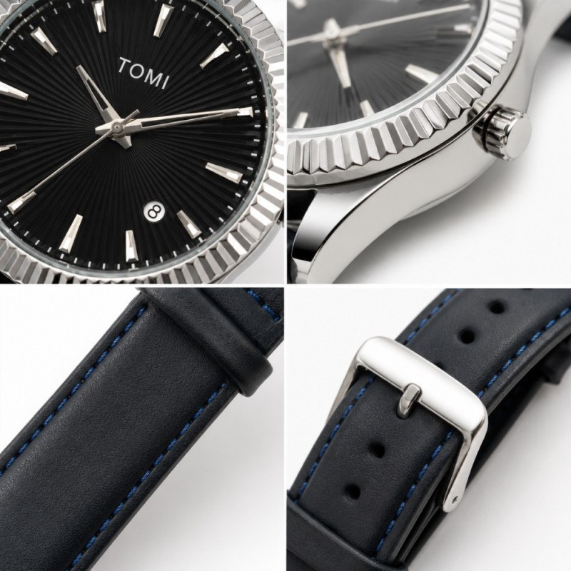 TOMI Classic Men’s Analog Watch – Black Leather &amp; Silver Dial (24x4cm)