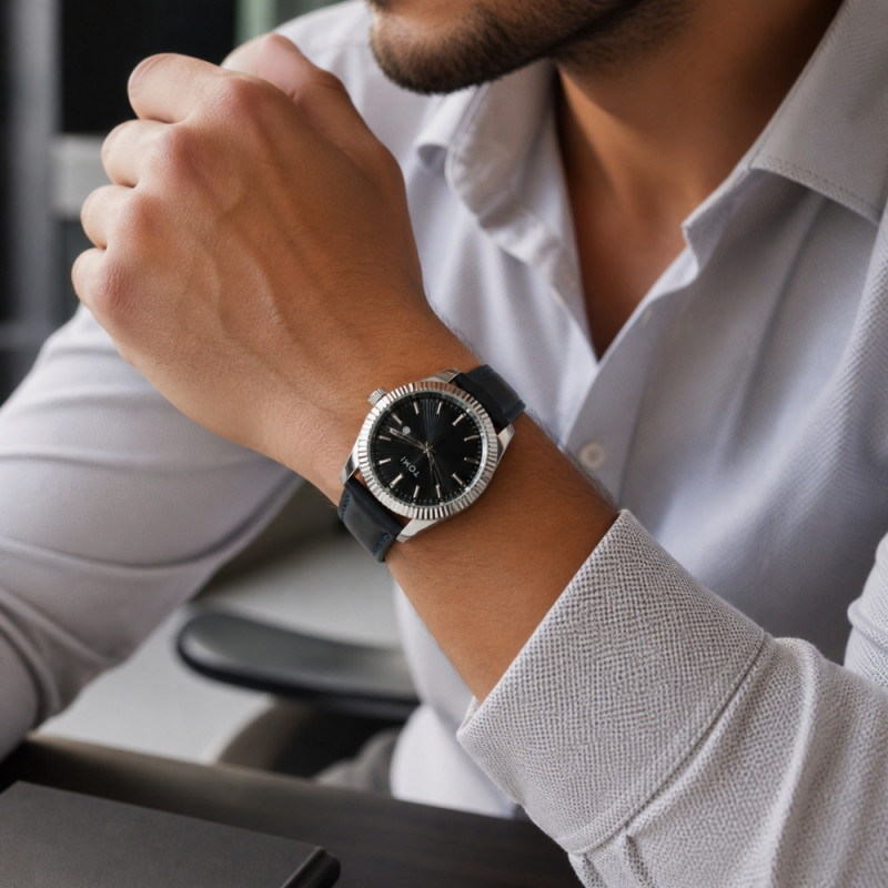 TOMI Classic Men’s Analog Watch – Black Leather &amp; Silver Dial (24x4cm)
