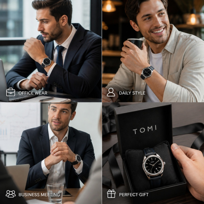 TOMI Classic Men’s Analog Watch – Black Leather &amp; Silver Dial (24x4cm)
