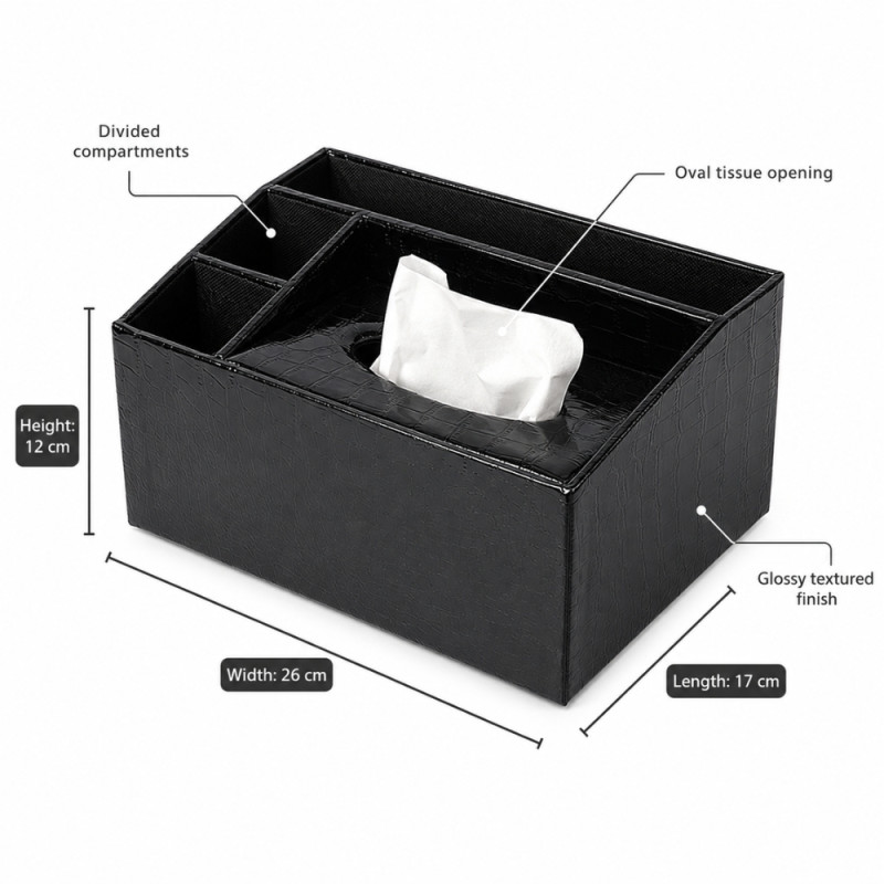Leather Luxe Desk Organizer Designed for Modern Living &amp; Home Comfort – Black (H-12cm x W-26cm x L-17cm)