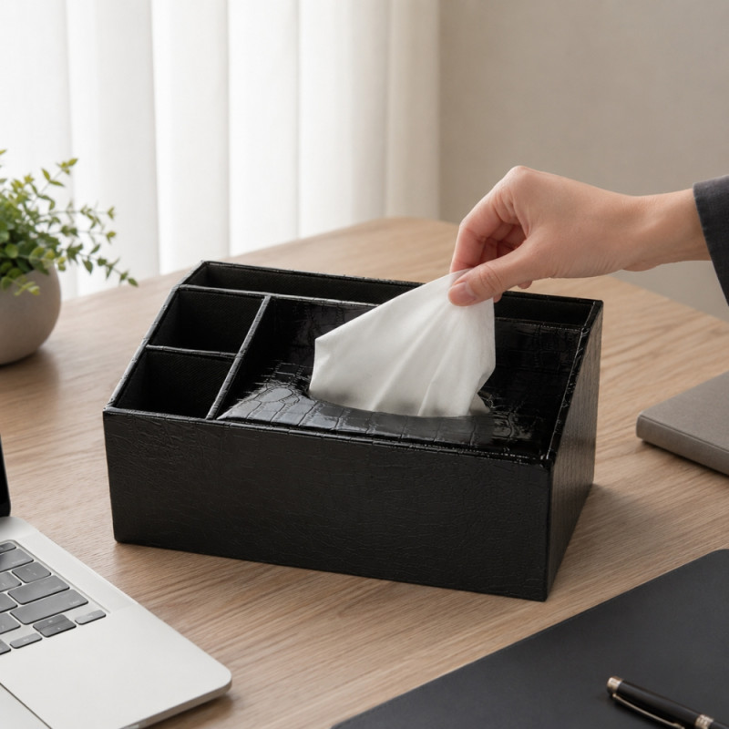 Leather Luxe Desk Organizer Designed for Modern Living &amp; Home Comfort – Black (H-12cm x W-26cm x L-17cm)