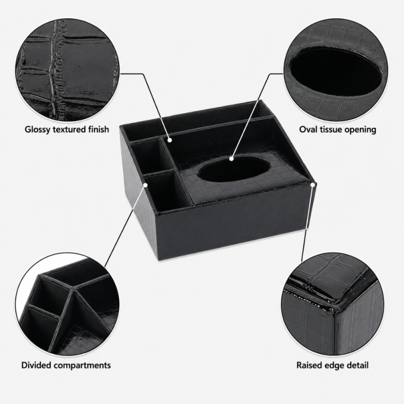 Leather Luxe Desk Organizer Designed for Modern Living &amp; Home Comfort – Black (H-12cm x W-26cm x L-17cm)