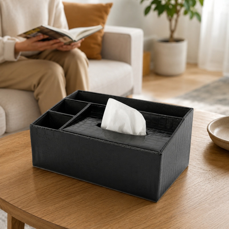 Leather Luxe Desk Organizer Designed for Modern Living &amp; Home Comfort – Black (H-12cm x W-26cm x L-17cm)