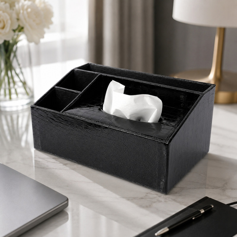 Leather Luxe Desk Organizer Designed for Modern Living &amp; Home Comfort – Black (H-12cm x W-26cm x L-17cm)