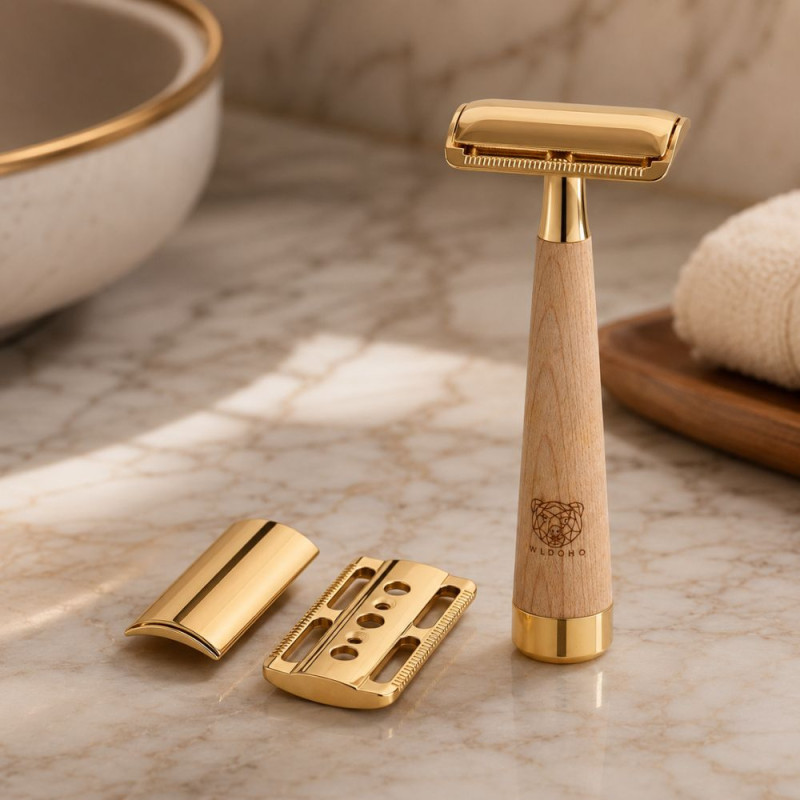 Elegant Gold-Toned Safety Razor - Wood