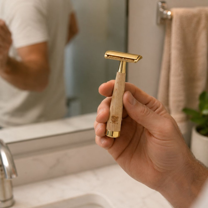 Elegant Gold-Toned Safety Razor - Wood