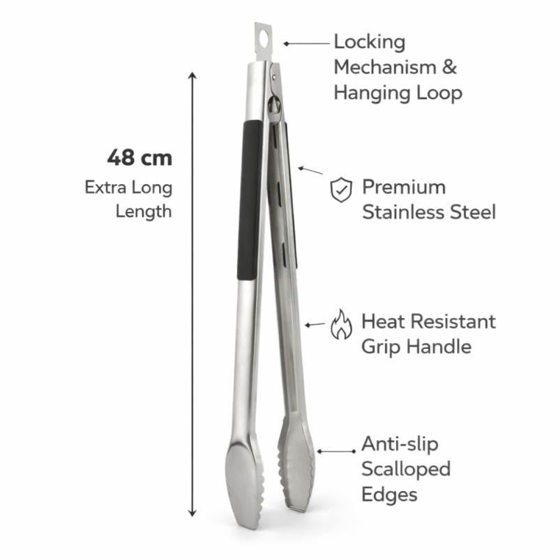 Professional 48cm Stainless Steel Kitchen Tongs – Heavy-Duty Black Grip