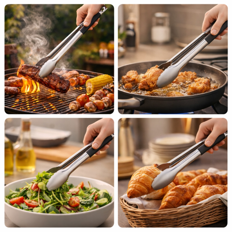 Professional 48cm Stainless Steel Kitchen Tongs – Heavy-Duty Black Grip
