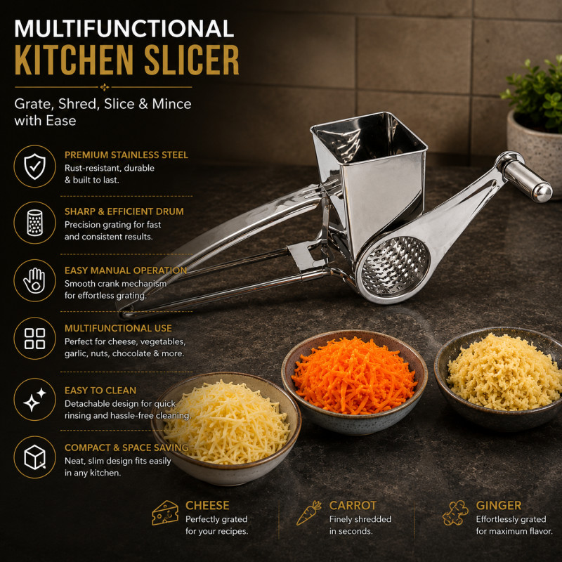 Smart Touch Cheese Grater Designed for Everyday Cooking &amp; Kitchen Excellence – Silver (H-7.5, W-6.5, L-20.5 CM)