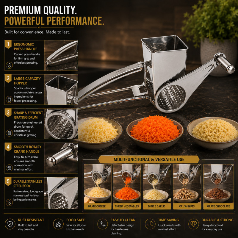 Smart Touch Cheese Grater Designed for Everyday Cooking &amp; Kitchen Excellence – Silver (H-7.5, W-6.5, L-20.5 CM)