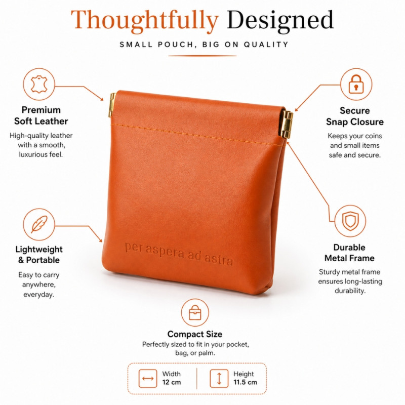 Professional Vibrant Orange Textured Leather Pouch – Squeeze-to-Open Spring Frame (12cm)