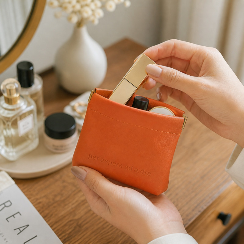 Professional Vibrant Orange Textured Leather Pouch – Squeeze-to-Open Spring Frame (12cm)