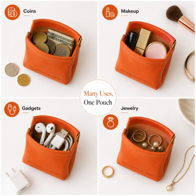 Professional Vibrant Orange Textured Leather Pouch – Squeeze-to-Open Spring Frame (12cm)
