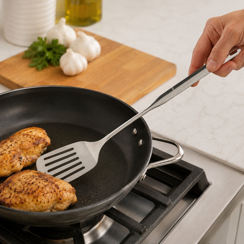 Soft Spark Slotted Spatula Designed for Everyday Cooking &amp; Kitchen Excellence – Silver (H-46cm)