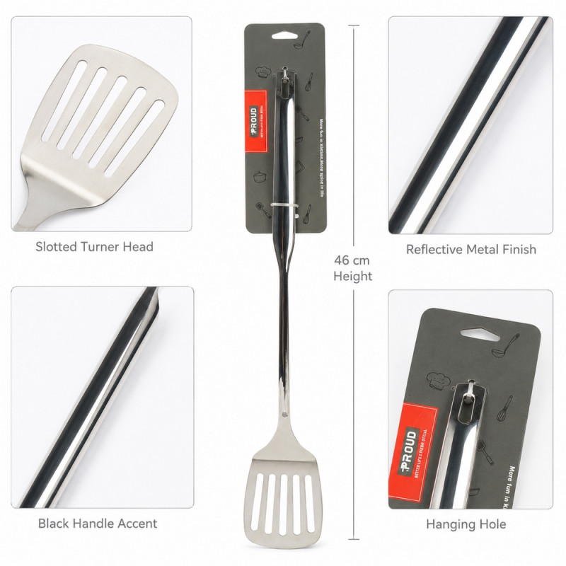 Soft Spark Slotted Spatula Designed for Everyday Cooking &amp; Kitchen Excellence – Silver (H-46cm)