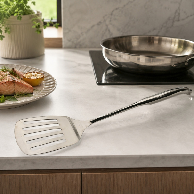 Soft Spark Slotted Spatula Designed for Everyday Cooking &amp; Kitchen Excellence – Silver (H-46cm)