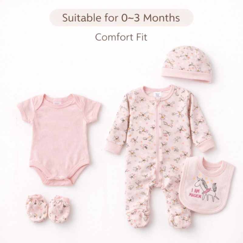 Baby Boutique 5-Piece Floral Print Set – Soft Light Pink