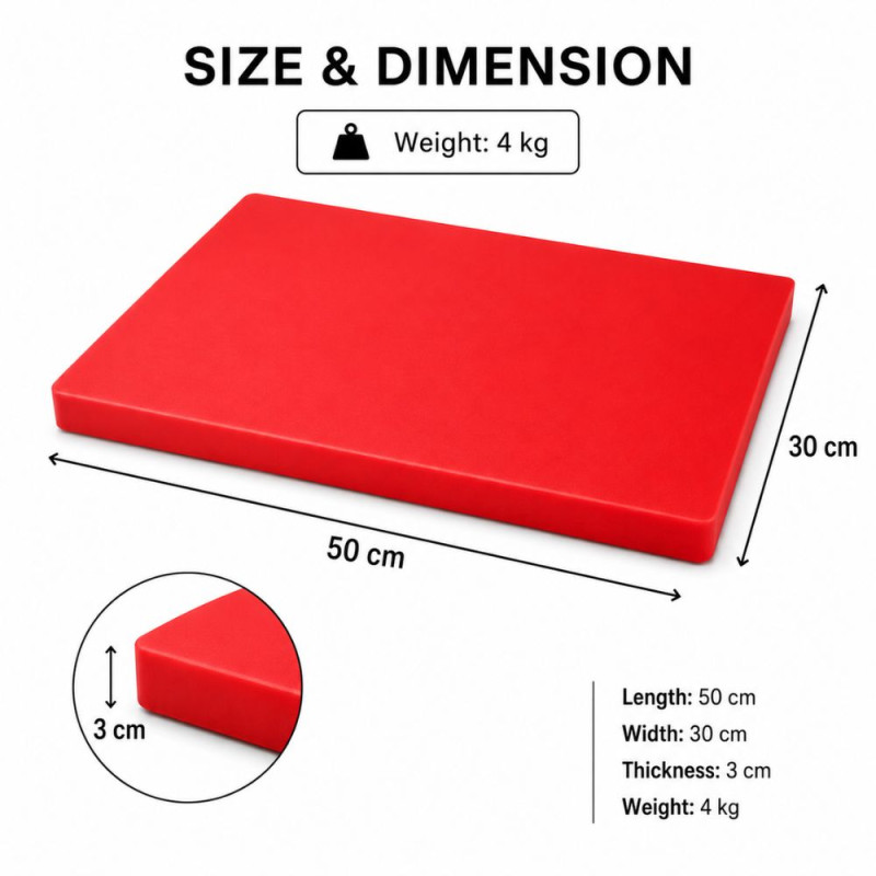 Premium Kitchen Cutting Board – Red Food-Safe Surface (50×30×3 Cm)