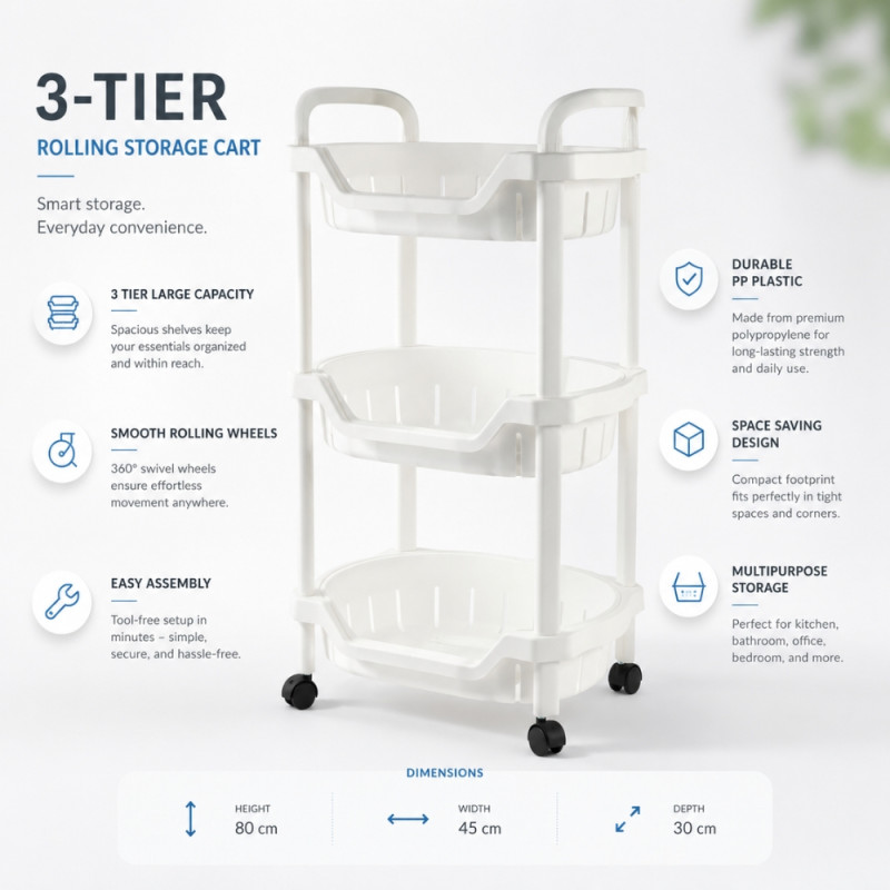 Modern storage cart – White Premium Quality (80 x 44 x 30cm)