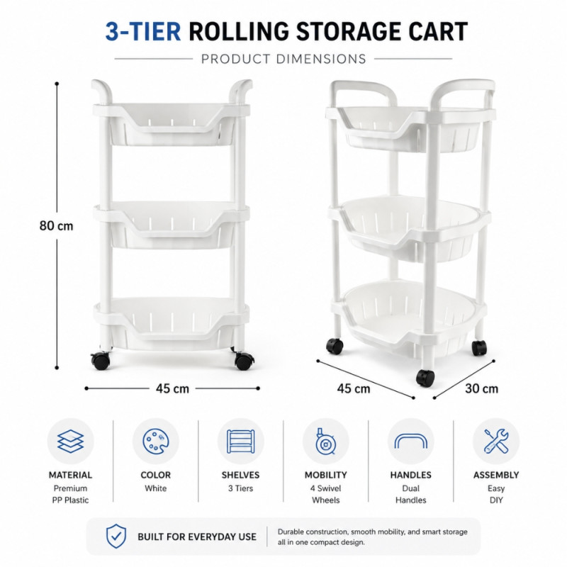 Modern storage cart – White Premium Quality (80 x 44 x 30cm)