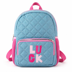 Professional Children’s Quilted Blue Denim Backpack – Aqua & Pink Trim (30cm) Professional Children’s Quilted Blue Denim Backpack – Aqua & Pink Trim (30cm)