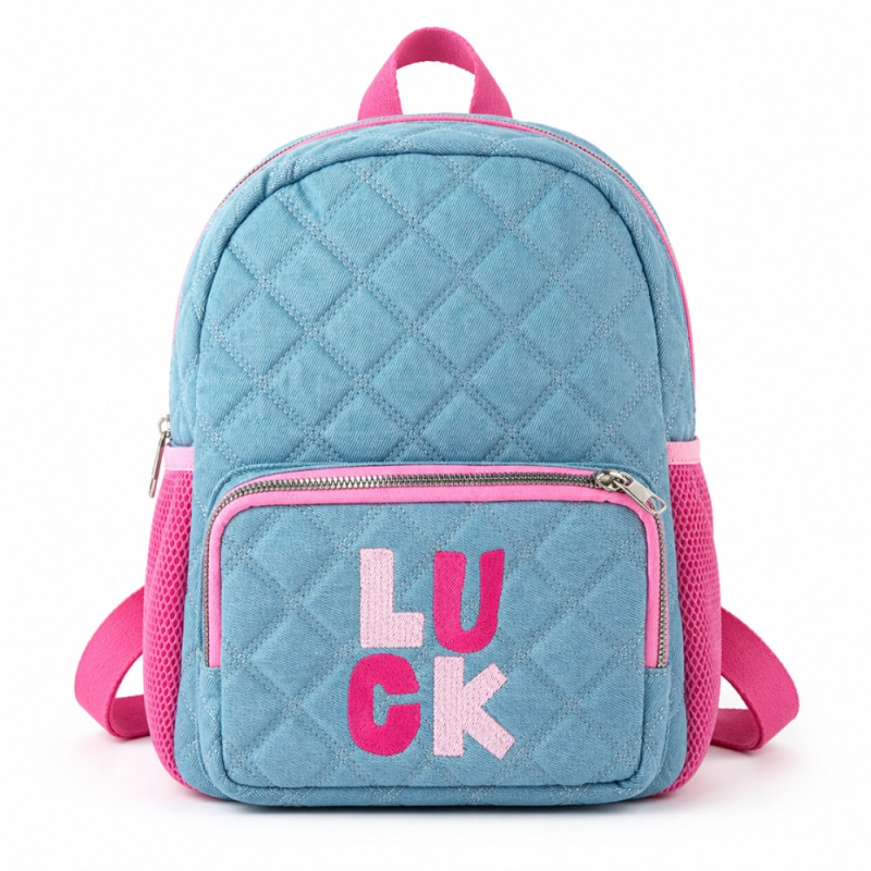 Professional Children’s Quilted Blue Denim Backpack – Aqua & Pink Trim (30cm)