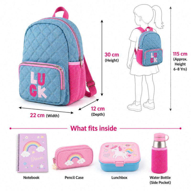 Professional Children’s Quilted Blue Denim Backpack – Aqua & Pink Trim (30cm)