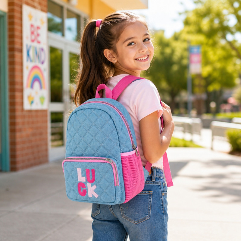 Professional Children’s Quilted Blue Denim Backpack – Aqua & Pink Trim (30cm)